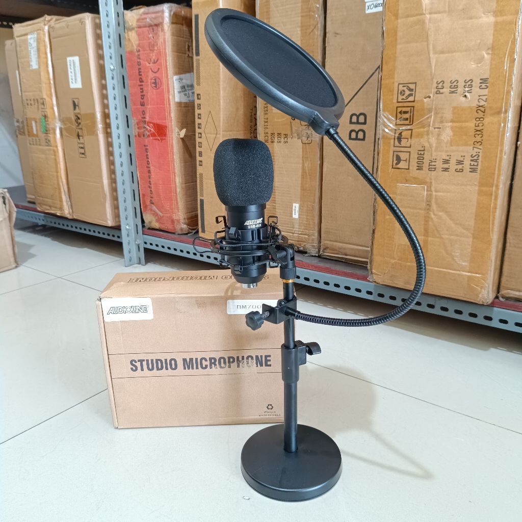 Microfon Studio Audioline BM800VS dengan Pop Filter dan Stand Fleksibel Hitam / Mic Podcast Condenso