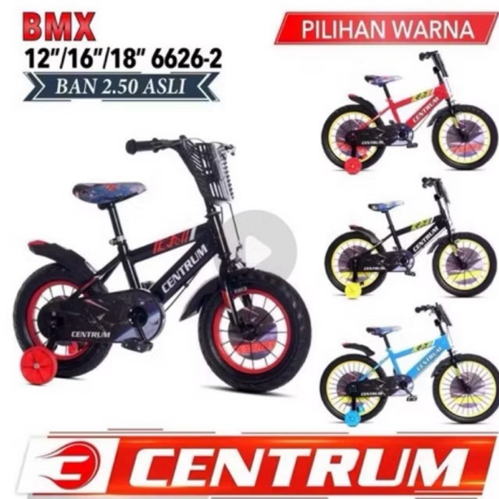 Sepeda anak cowok bmx ring 12 centrum 6626 - 2 ban pompa | Sepeda anak roda 4 merk centrum 6626-2