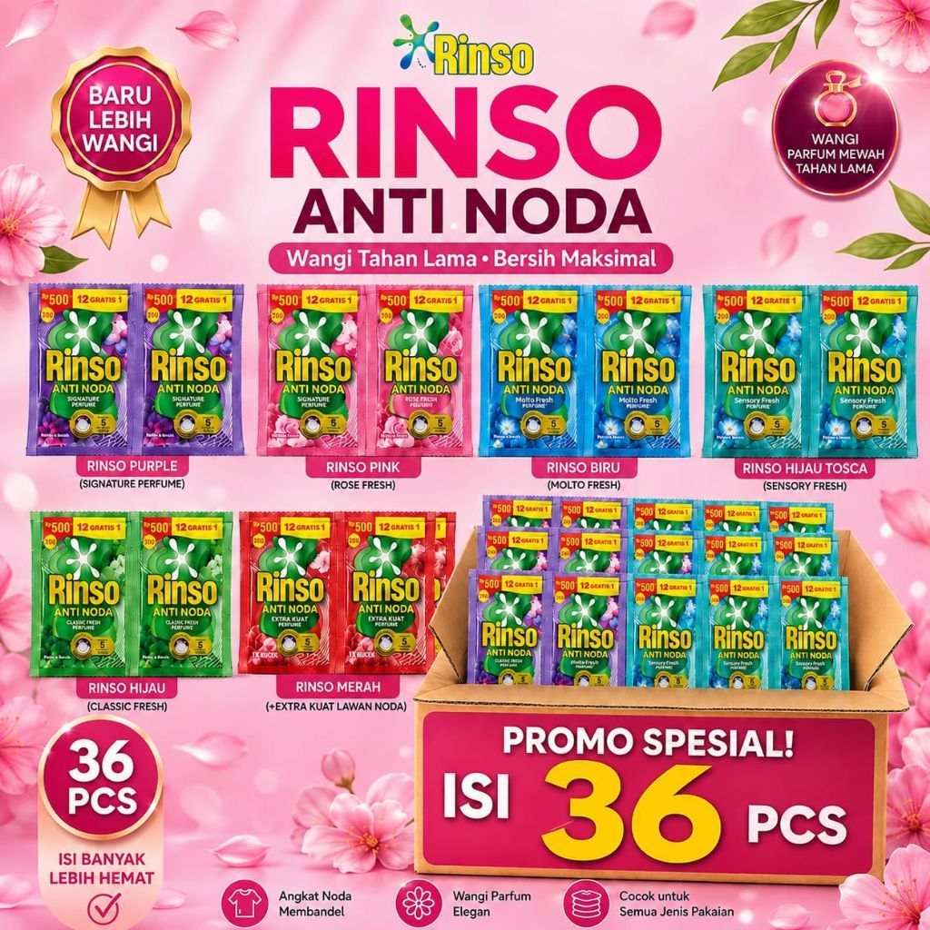 [36PCS] Rinso Liquid Cair kemasan 500an / Rinso Cair 500an / Deterjen Cair Rinso Liquid 36pcs 500an