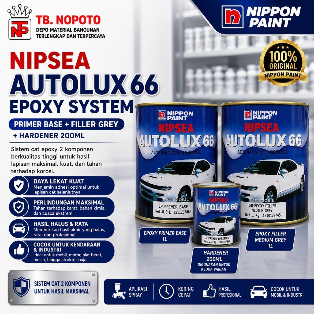 NIPSEA AUTOLUX 66 Cat Epoxy 2 Komponen | Primer Base & Epoxy Filler Medium Grey 1L + Hardener 200ml