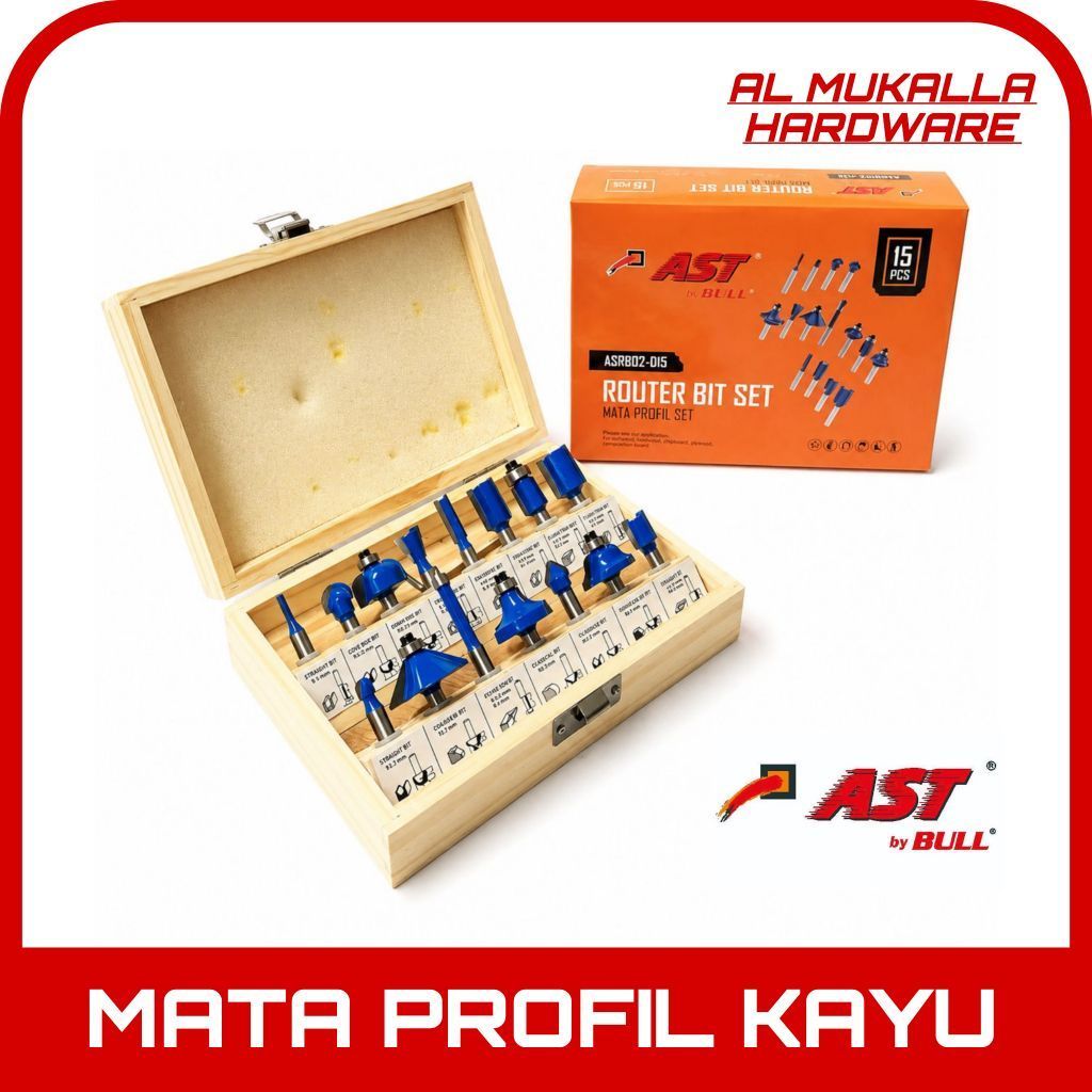 AST Mata Profil Kayu Set 15 pcs , Mata Router Bit Set , Mata Router Trimmer Kayu As 6.35mm