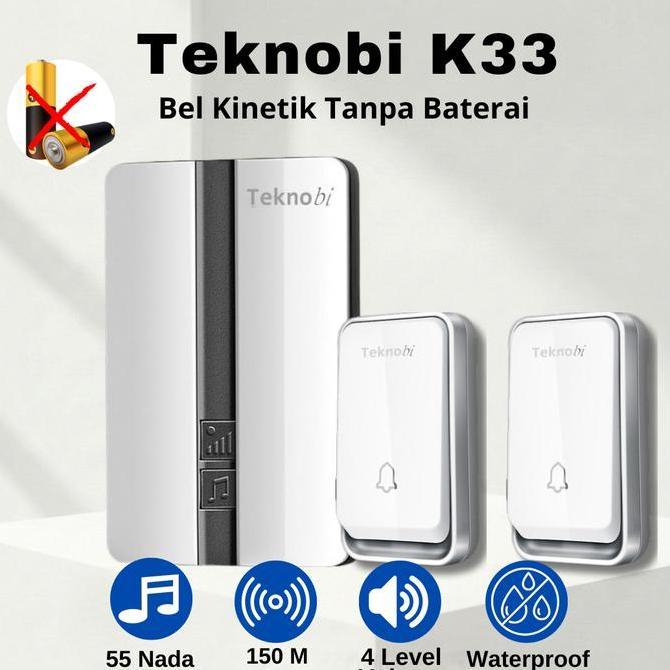 Teknobi Bel Rumah Wireless Kinetik K33 2 Transmitter Tanpa Baterai Tahan Air Ip44 Dengan Lampu Led R
