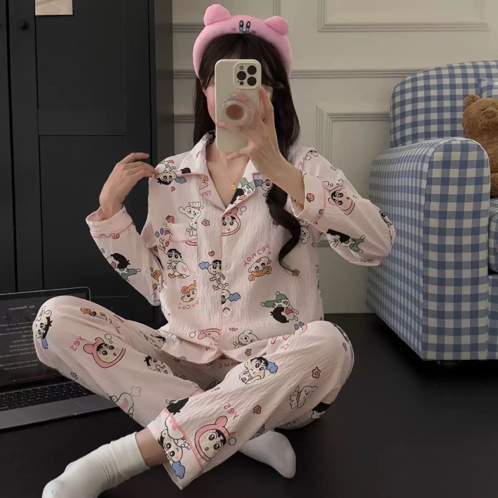 OYASUMI - PP Sinchan Cute Pink - Bahan Catton Import - Piyama Wanita Import/Setelan Baju Tidur Wanit