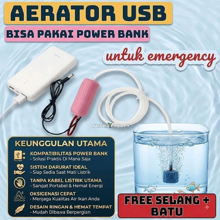 AERATOR DC USB BISA PAKAI POWER BANK COCOK UNTUK UMPAN UDANG HIDUP - AERATOR USB, BONUS SELANG + AIR