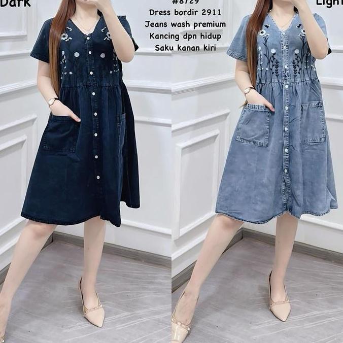 8729 DRESS JEANS KANCING BORDIR BUNGA SNOW BLACK BLUE WANITA|DRESS LD104|MIDI DRESS