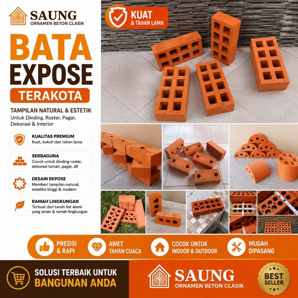 Bata Expose Terakota SAUNG Ornamen Beton Klasik untuk Dinding Roster Pagar Dekorasi Indoor Outdoor, 