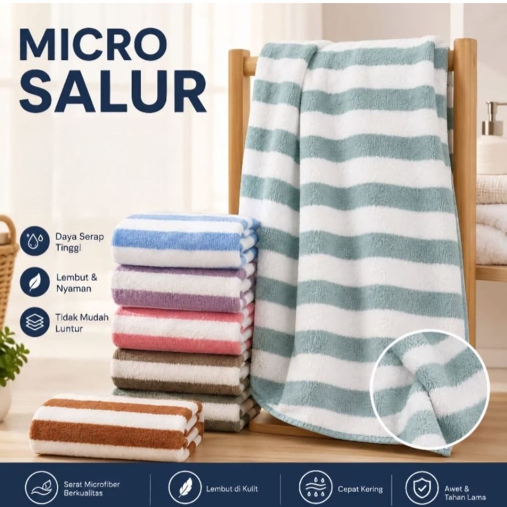 Handuk Mandi Dewasa Quick Dry Microfiber Bulu 70x140 Salur Lembut Super Serap Air Premium
