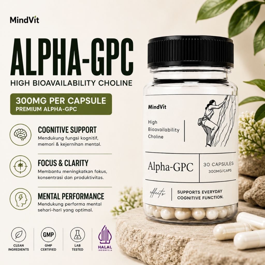 Alpha GPC 300mg/caps Premium - untuk Optimalisasi Fungsi Otak, membantu fokus, energy mental, keseha