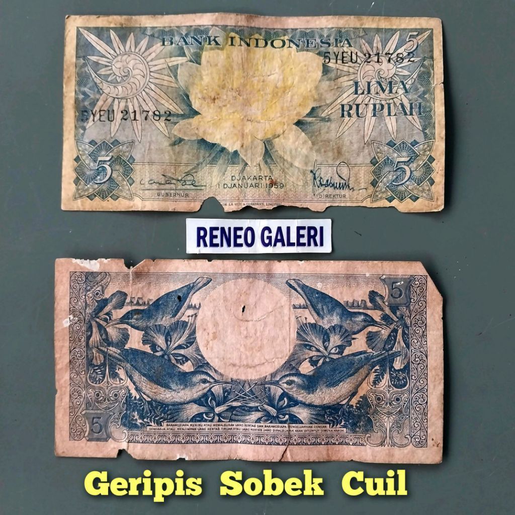 Geripis Asli 5 Rupiah Seri Bunga Tahun 1959 Rp Uang kertas kuno burung duit lama original Koleksi
