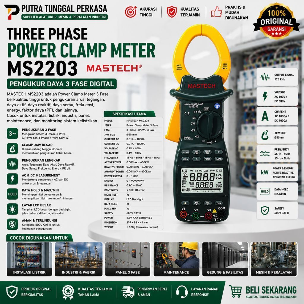 MASTECH MS2203 Three Phase Digital Power Clamp Meter Mastech MS2203 Ampere Tang 3 Fas Fase PC