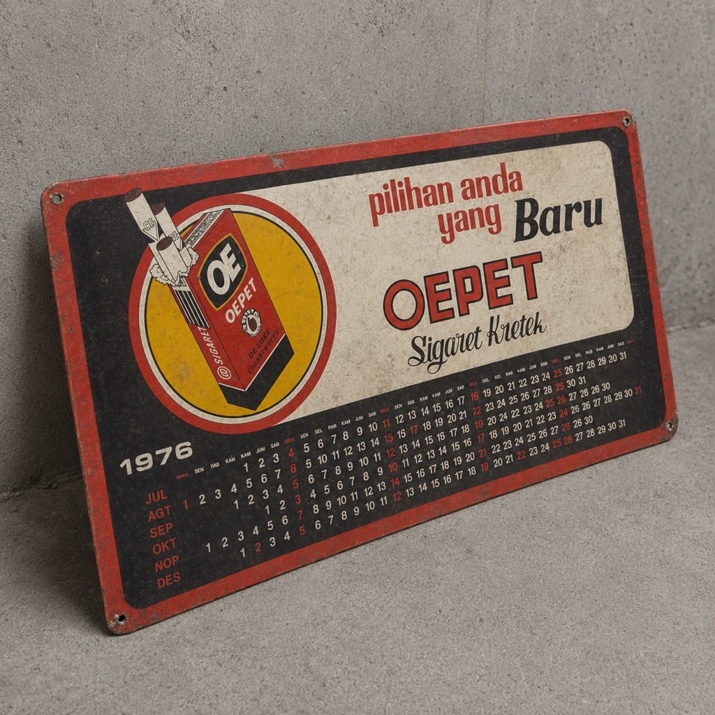 Papan Iklan Kalender OEPET Sigaret Kretek 1976 – Plat Metal