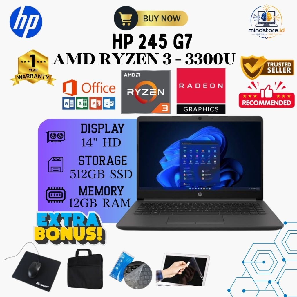 LAPTOP HP 245 G7 AMD RYZEN 3 - 3300U | 12GB RAM 512GB SSD | 14 INCH + OFFICE