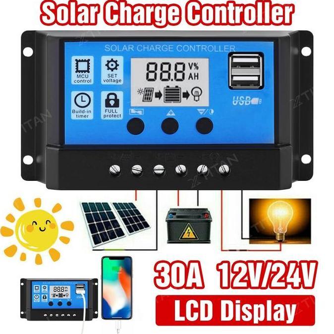 Solar Charge Controller LCD LED Display Solar Cell PWM 10A 20A 30A USB Panel Tenaga LCD Kecerdasan A