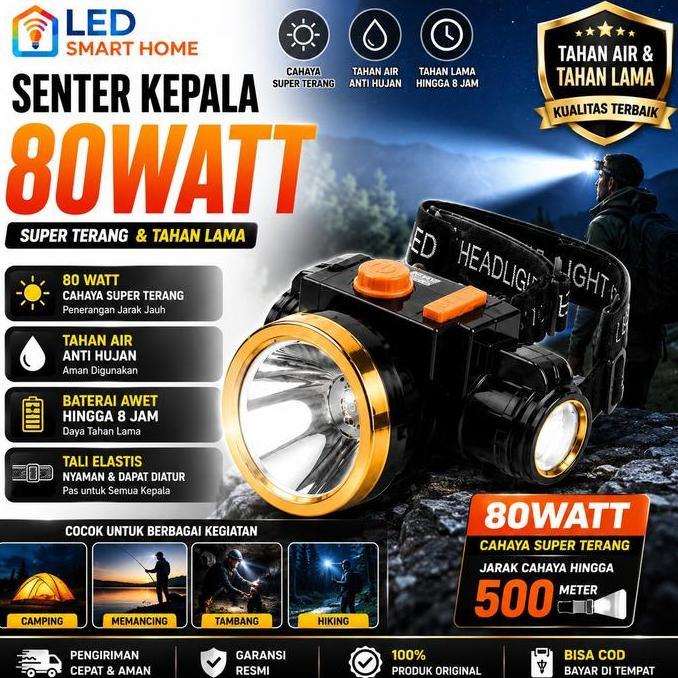 SENTER KEPALA LED SUPER TERANG 80 WATT LAMPU KEPALA HEADLAMP RECHARGEABLE CAMPING HIKING
