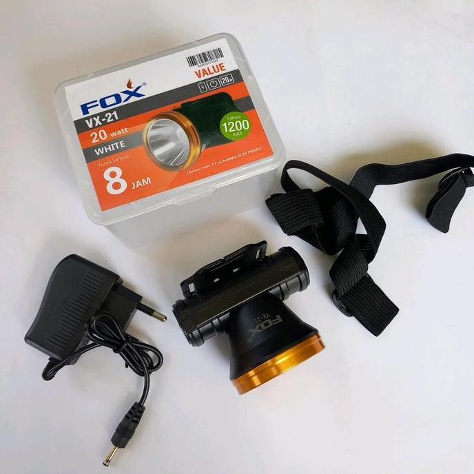 Senter Cas Kepala FOX 20Watt Lampu Putih Nyala 8 Jam Isi Charger+Senter+Karet Baterai