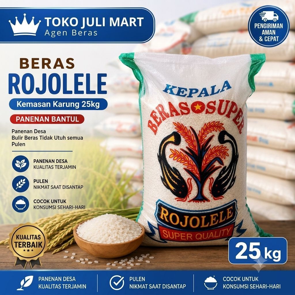 Beras 25kg Kemasan Rojolele | Kode15 | Beras Utuh Patahan, Pulen Bersih, Kemasan Satu Bulan Hemat | 