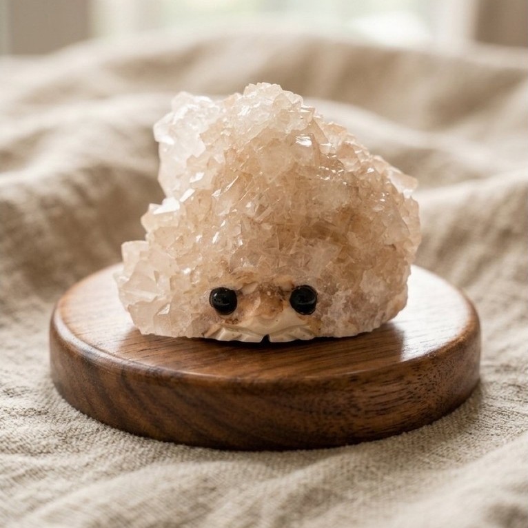 Natural White Calcite Crystal Hedgehog Cluster - Ukiran Landak Batu Alam Asli
