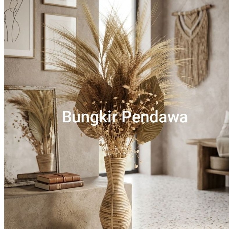 Bungkir Pendawa Dekorasi Bunga Kering dalam Vas Cokelat untuk Ruang Tamu