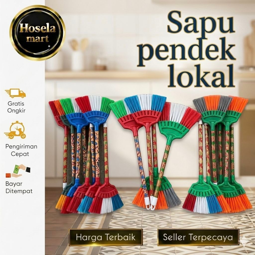 sapu nilon kumbo pendek / sapu kasur / sapu pendek gagang kayu kumbo nilon plastik warna