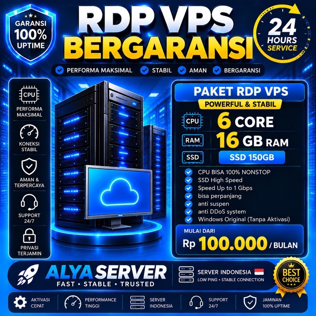RDP WINDOWS 6 CORE 16GB RAM 150GB SSD MURAH BULANAN FUL GARANSI