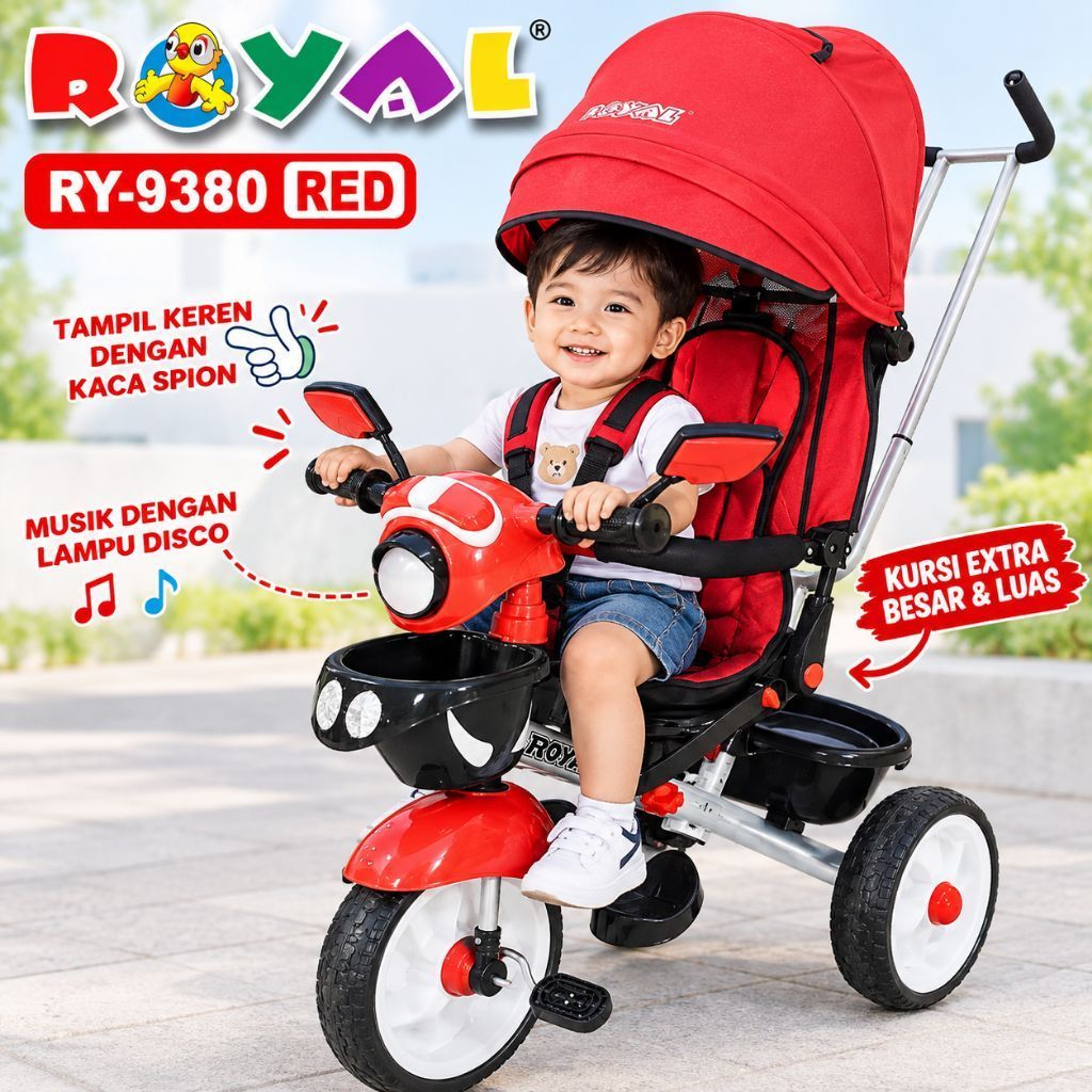 Sepeda Roda Tiga Anak Royal Ry 9380 Stroller Dorong Kursi Putar Bisa Rebahan