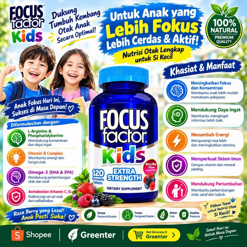 Focus Factor Kids Extra Strength Vitamin Suplemen Otak Anak & ADHD Hiperaktif Ďisleksia