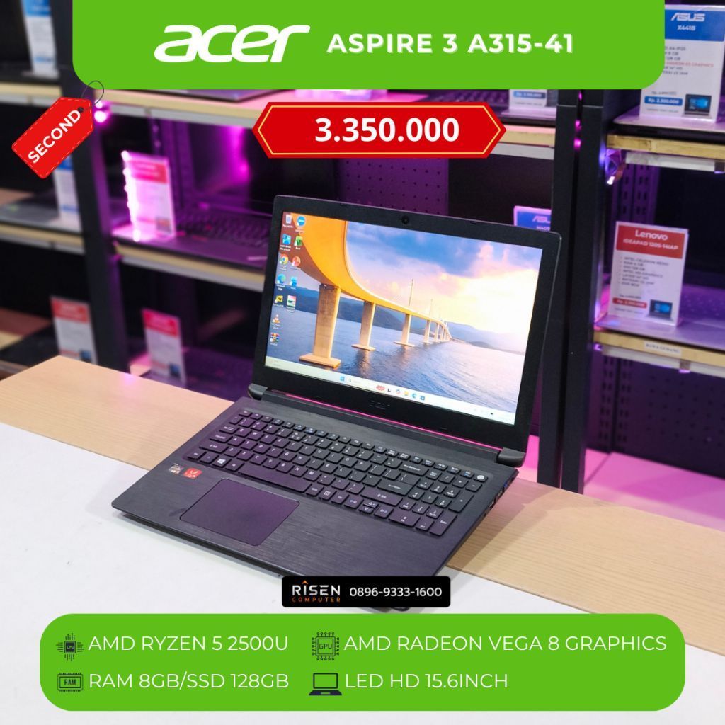 ACER ASPIRE 3 A315-41 AMD Ryzen 5 2500U RAM 8GB SSD 128GB HD 15,6inch Notebook Second Bekas Laptop