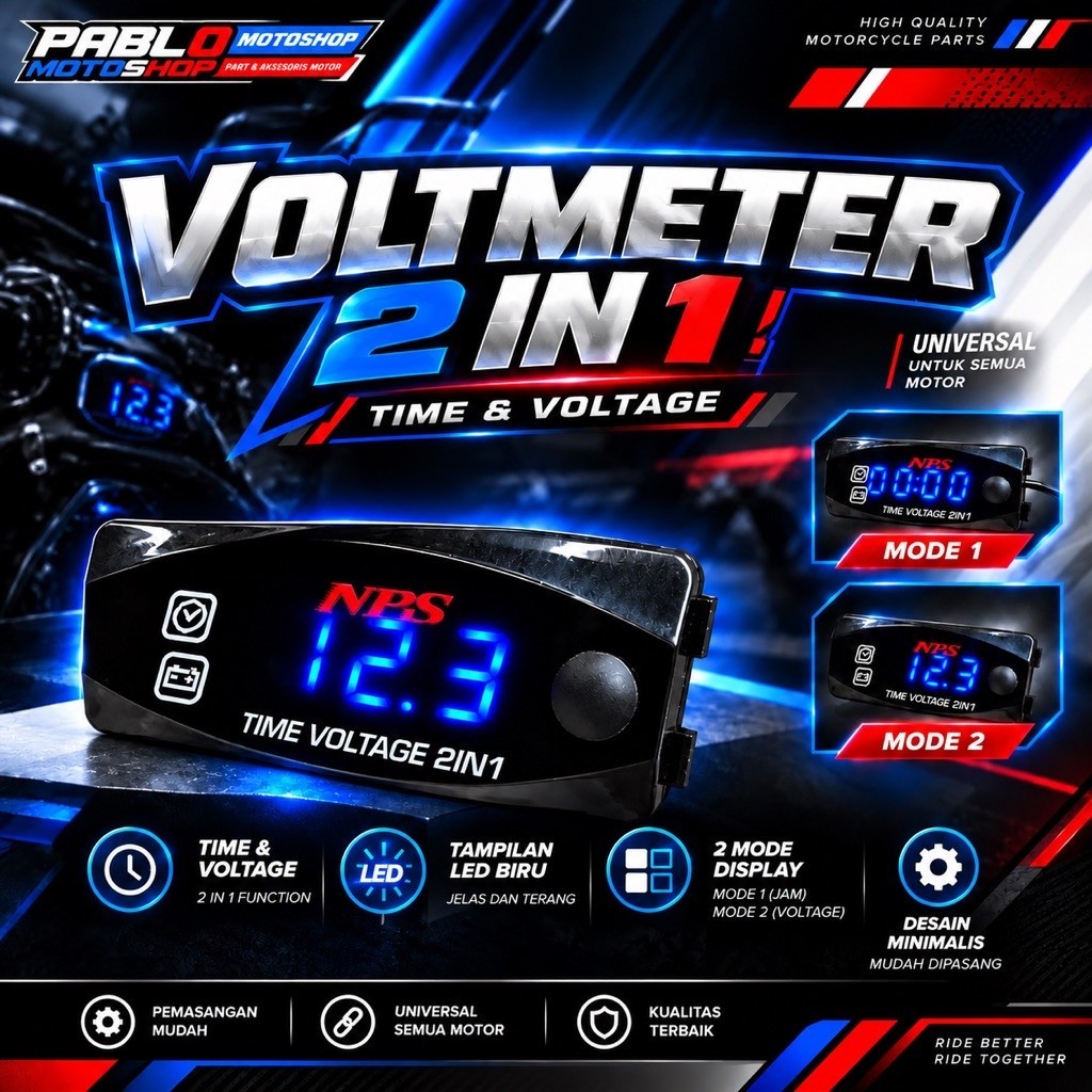 Voltmeter Digital NPS 2 IN 1 Jam & Voltage Motor Universal 12V LED Biru