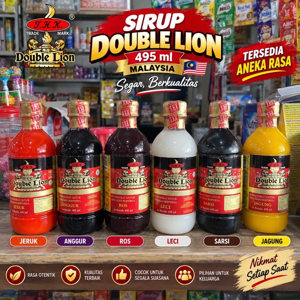 INDUK SIRUP DOUBLE LION MALAYSIA 495 ML - SIRUP MALAYSIA - SIRUP JAGUNG SARSI JERUK ANGGUR LECI ROS