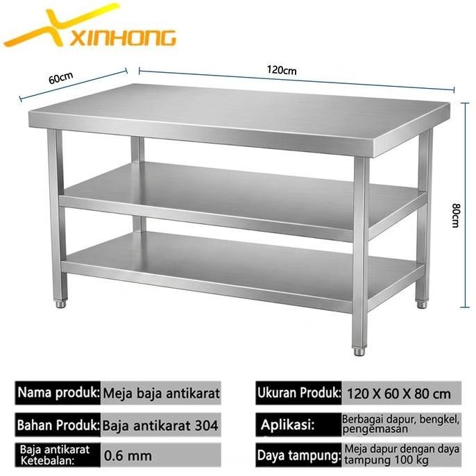 Xinhong Meja Stainless Steel 3 Tingkat Meja Kerja Dapur Rak Baja tahan karat 2 lapis 150X60X80cm