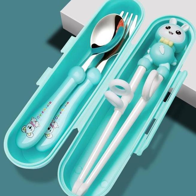 Set Alat Makan Stainless 4 In 1 Set Sendok Gau Sumpit Anak Free Tempat Sendok Sumpit Latihan Anak Tr