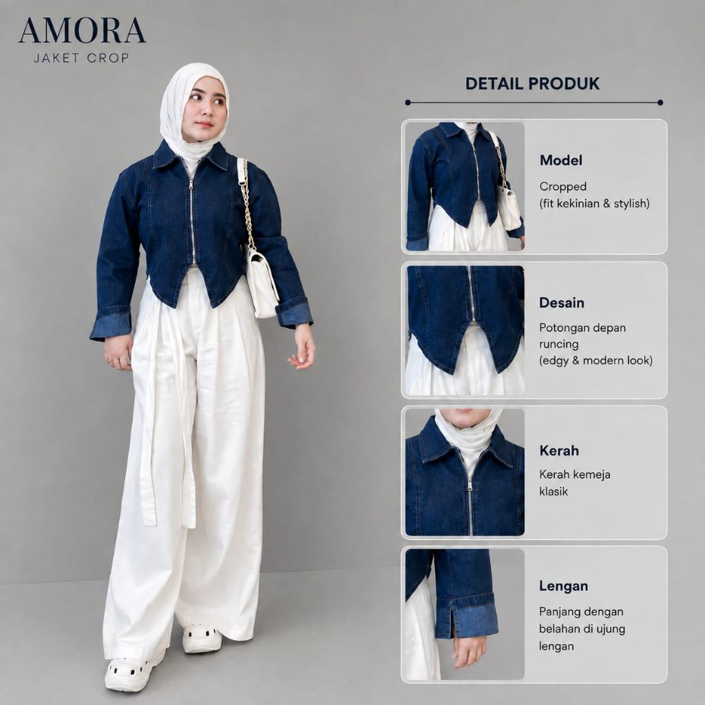 Amora Jeans Atasan Crop Top Zipper Wanita Denim Premium - Outer Denim Lengan Panjang