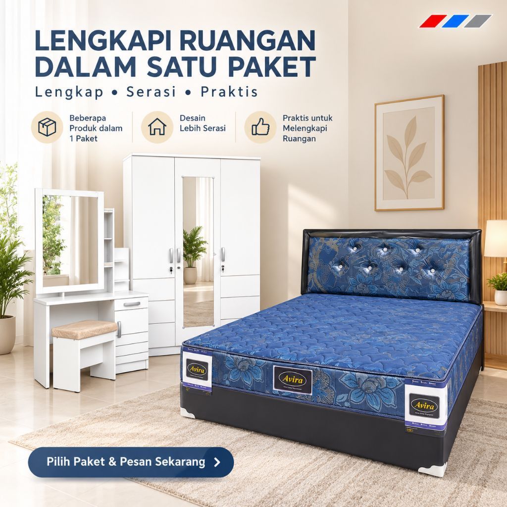 Paket Kamar Tidur Lengkap Divan Springbed Lemari Baju Meja Rias Sliding + Sofa L Sudut Set Seserahan