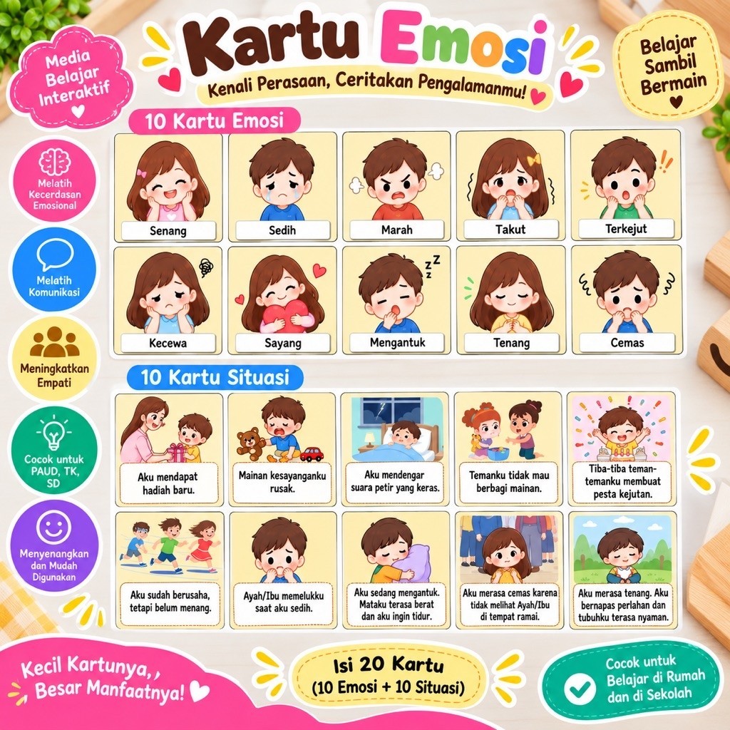 Kartu Emosi Anak | Flashcard Mengenal Emosi & Perasaan | Media Belajar Sosial Emosional PAUD TK SD