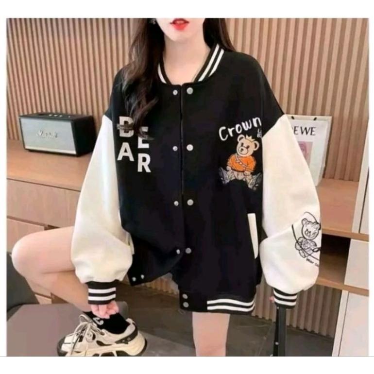 Diskon Crown Bear Jaket Baseball Varsity Wanita | Jaket Varsity Gaya Korea