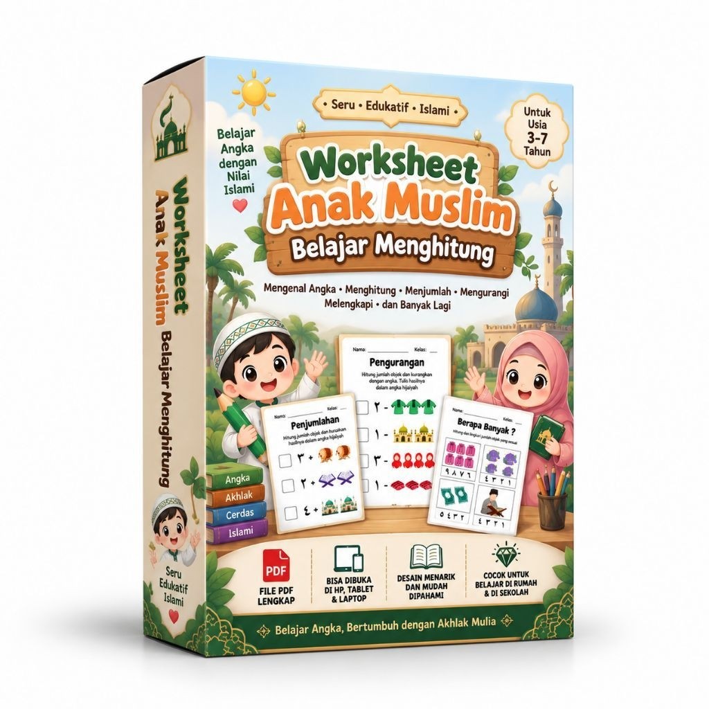 Worksheet Belajar Menghitung Anak Muslim PDF | Aktivitas Edukatif Islami PAUD TK