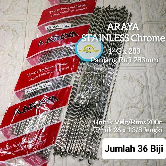 Spoke Ruji Jari 283 ARAYA STAINLESS Chrome 14G x 283mm Rims Velg Jengki 26x1 3/8 Dan Roadbike Fixie 