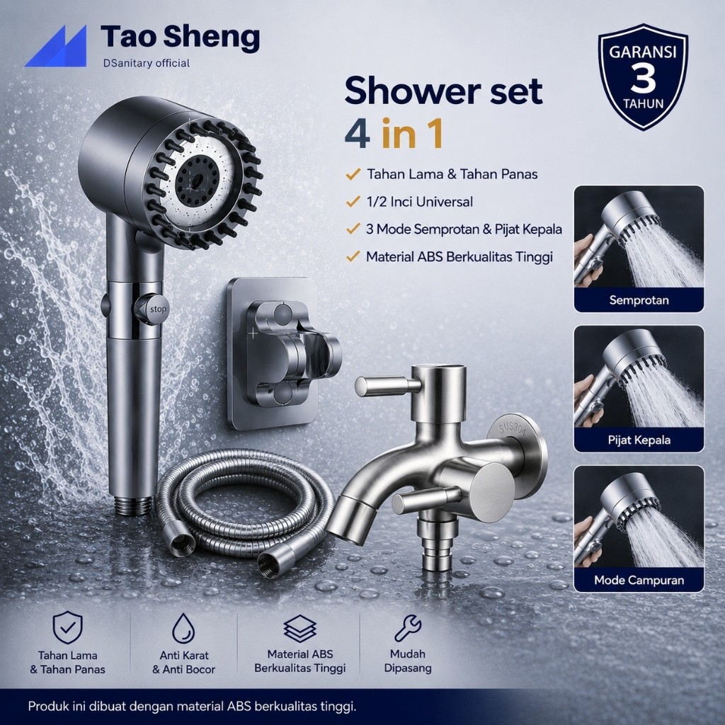 Shower Set 4in1 Minimalis Modern | Hand Shower Tekanan Air Kuat | Dudukan Tempel Tanpa Bor + Kran Se