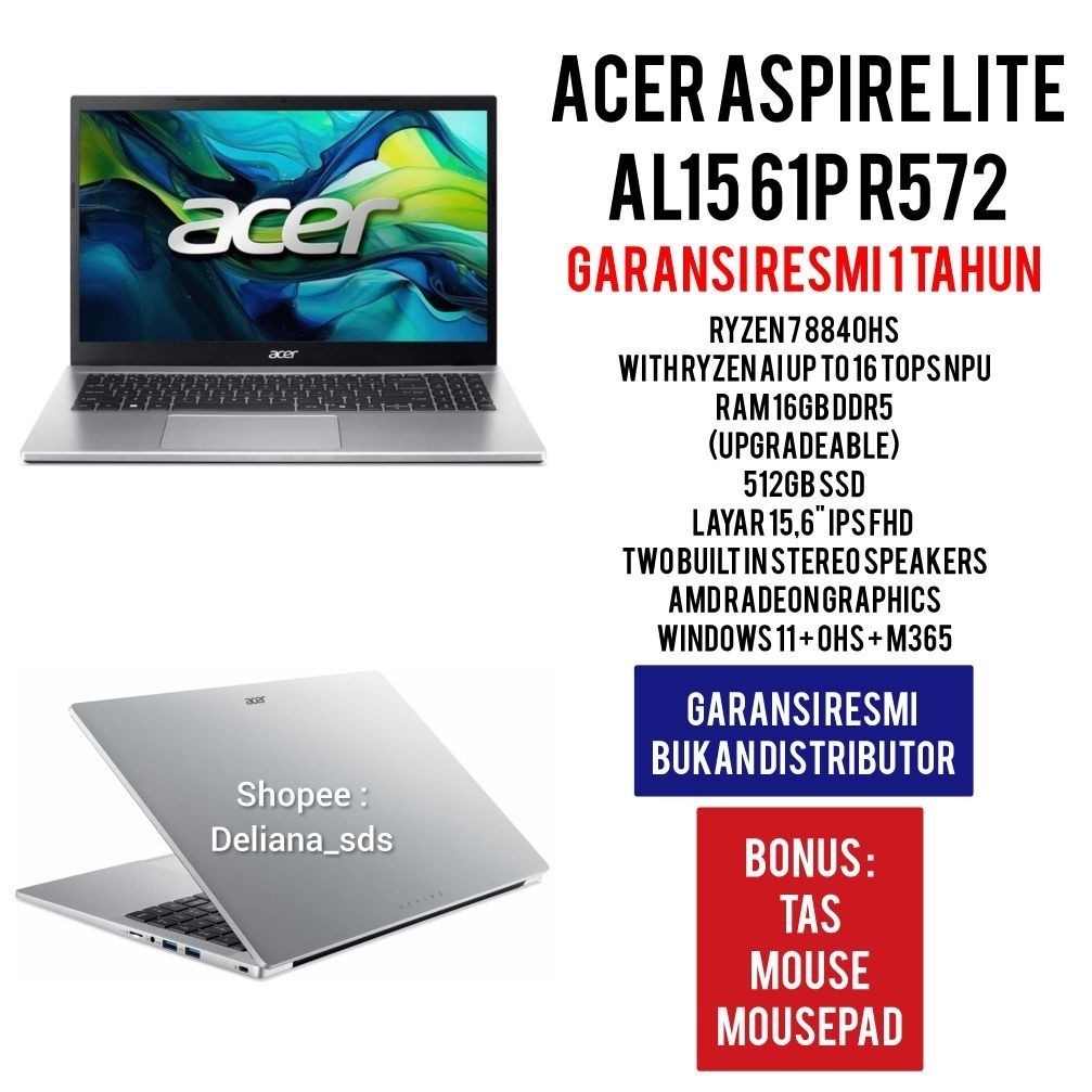 Laptop Acer Aspire Lite AL15 61P R572 Ryzen 7 8840HS 16GB/512GB 15,6" IPS FHD Garansi Resmi 1 Tahun 
