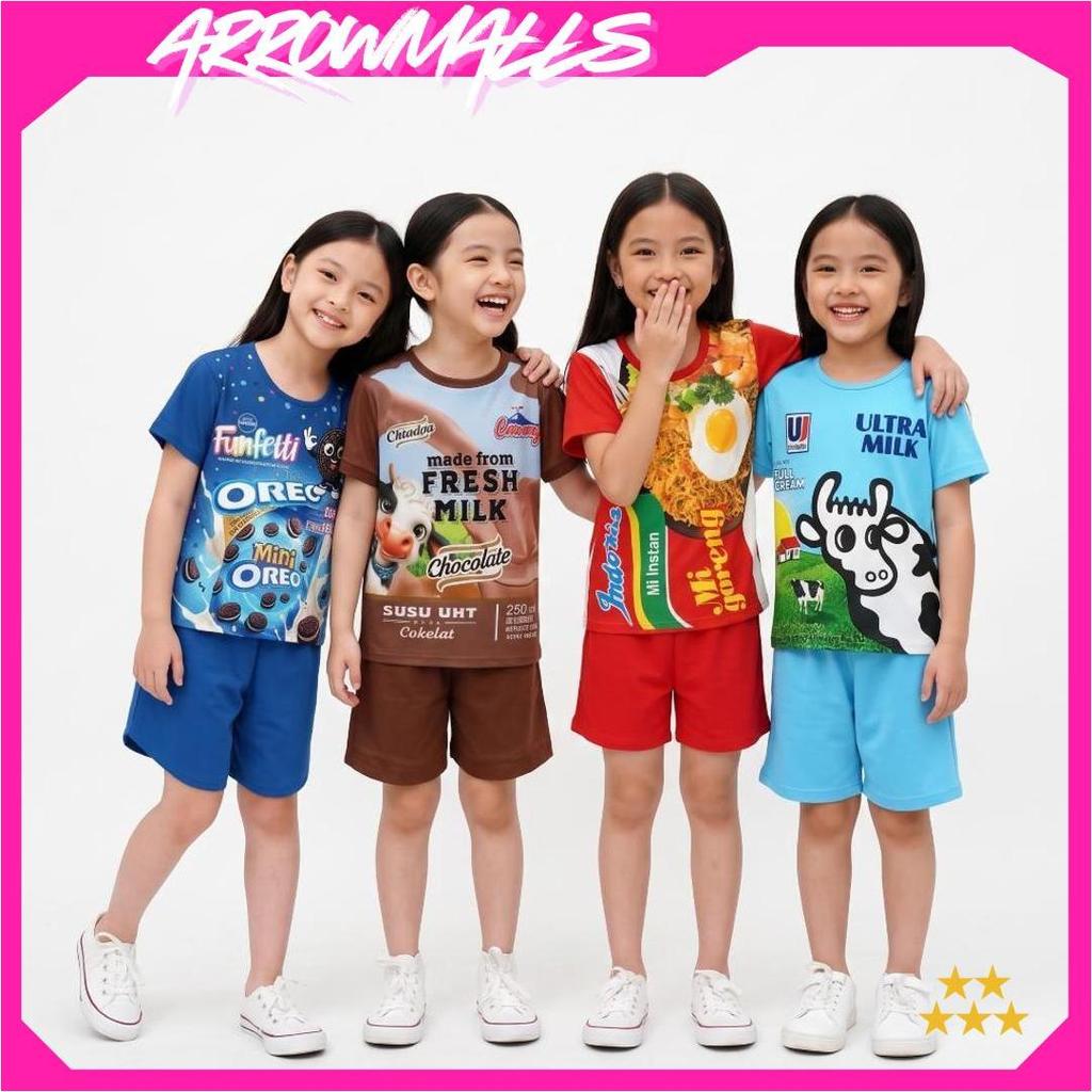 Setelan Baju Anak Laki-Laki Dan Perempuan Unisex 1-8 Tahun Motif Viral Indomi Chitato Ultramild Soto