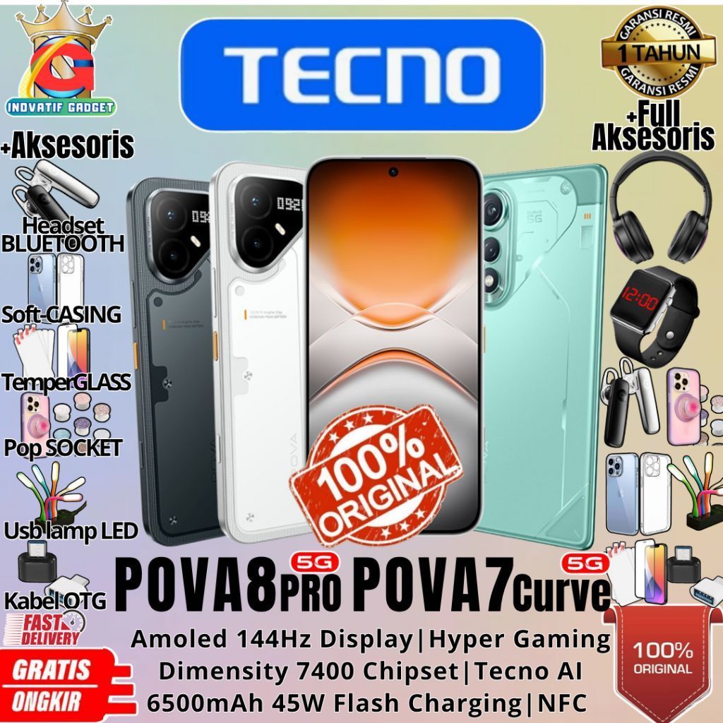 HP BARU TECNO POVA 8 Pro 5G | POVA 7 Curve 5G 8/256GB Ram Upto 16GB 1.5K 144Hz Hyperlux AMOLED GARAN