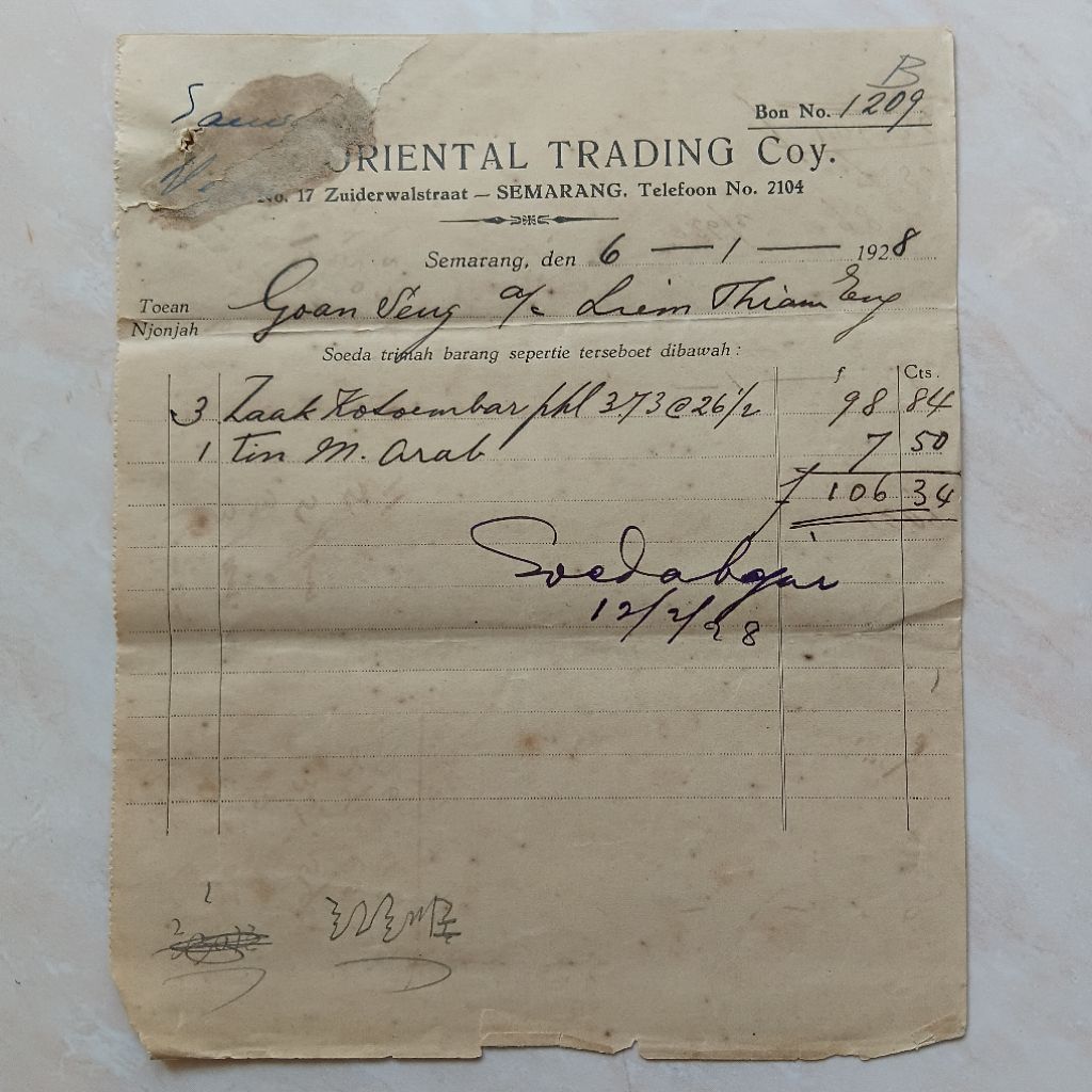 Koleksi Dokumen Arsip Perdagangan Kuno Tua 1928 Nota Penerimaan Brg era Hindia Belanda - YN3491