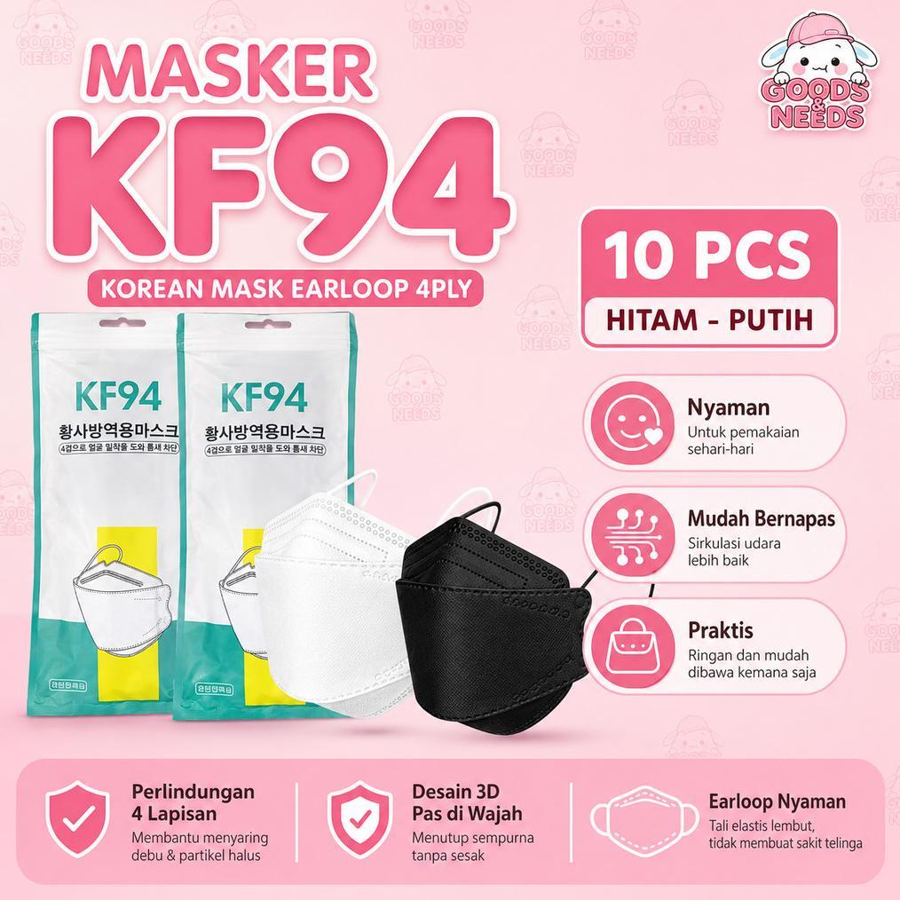 VELISSASTORE A3A G&N MASKER KF94 EARLOOP 4PLY FACEMASK ISI 10 PCS WARNA HITAM PUTIH TRANDING TERMURA