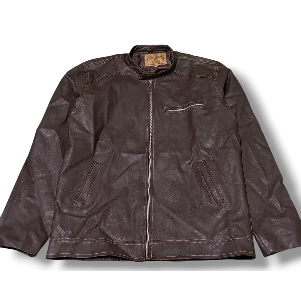 ARMANI JEANS Jacket Kulit Pria Coklat Dark Brown Biker Jacket Stand Collar Vintage Preloved