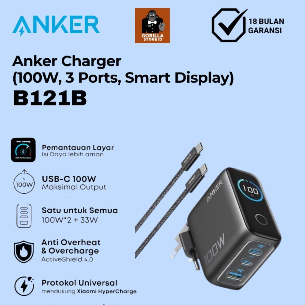 Anker Charger 100W 3 Ports Smart Display - B121B