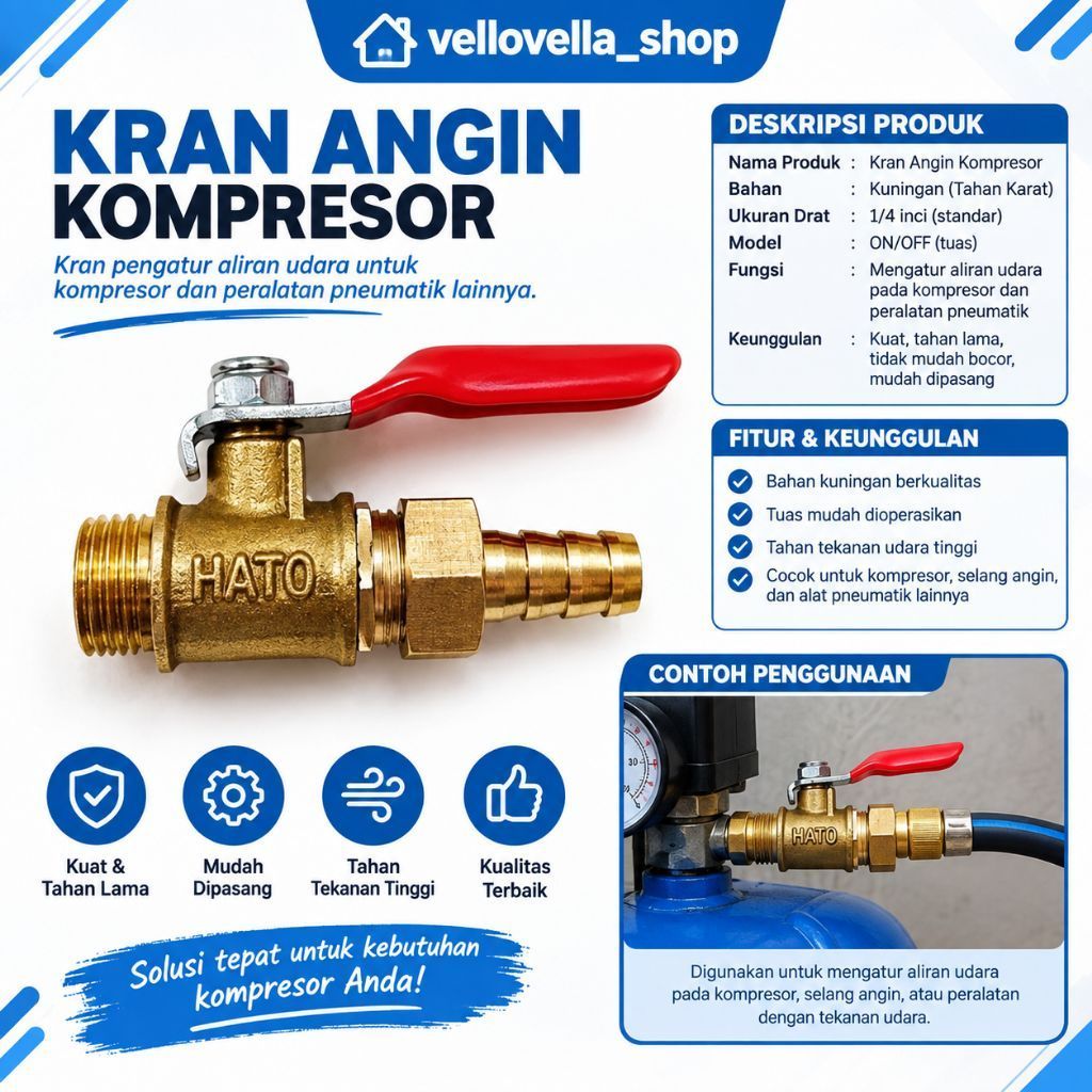 Kran angin selang kompresor kuningan ukuran 1/4" kran kompresor angin