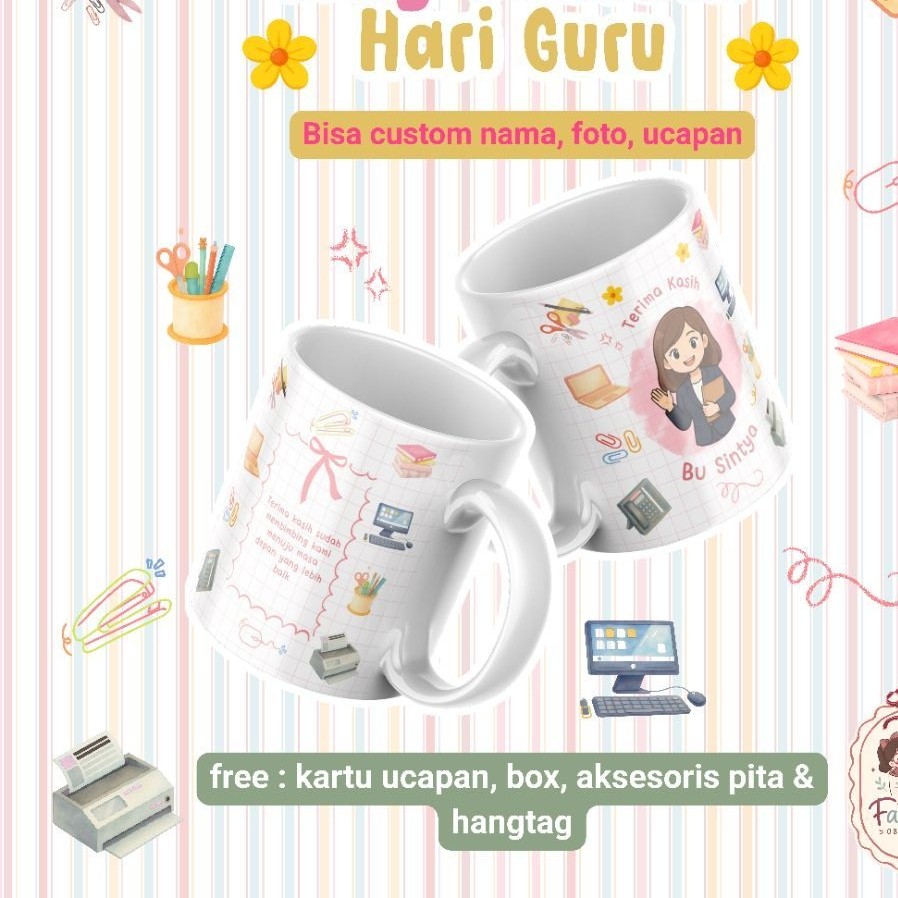 Mug Custom Hadiah Hari Guru Bingkisan untuk Dosen pembimbing kemasan Box dan Aksesoris Desain Lucu S