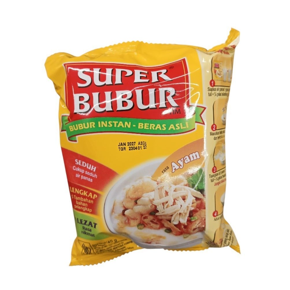 5 Sachet Super Bubur Instan Mayora Rasa Ayam,Abon Sapi, Kuah Soto, Kuah Kari - Praktis, Cepat, Nikma