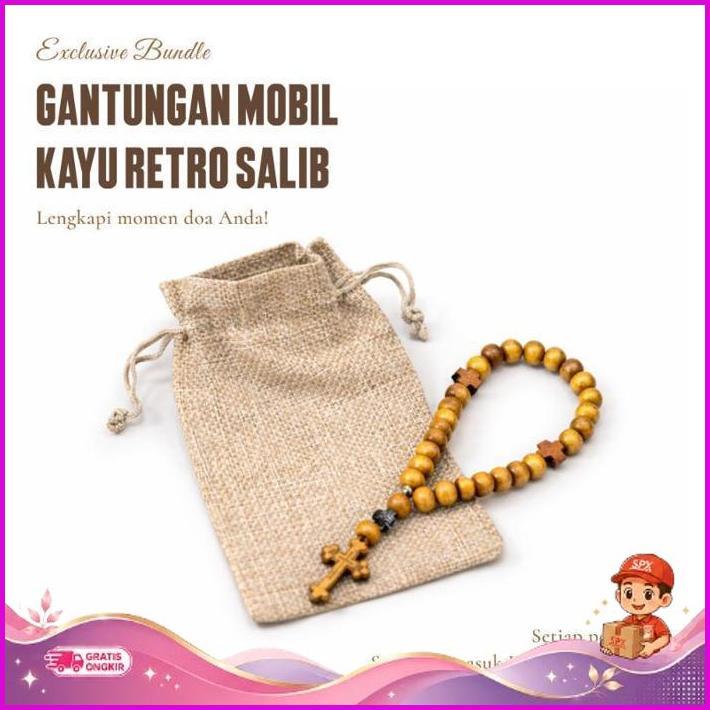 [A+B] Gantungan Mobil Kayu Retro Salib Souvenir Murah Aksesoris Fashion Rohani Katolik Terlaris
