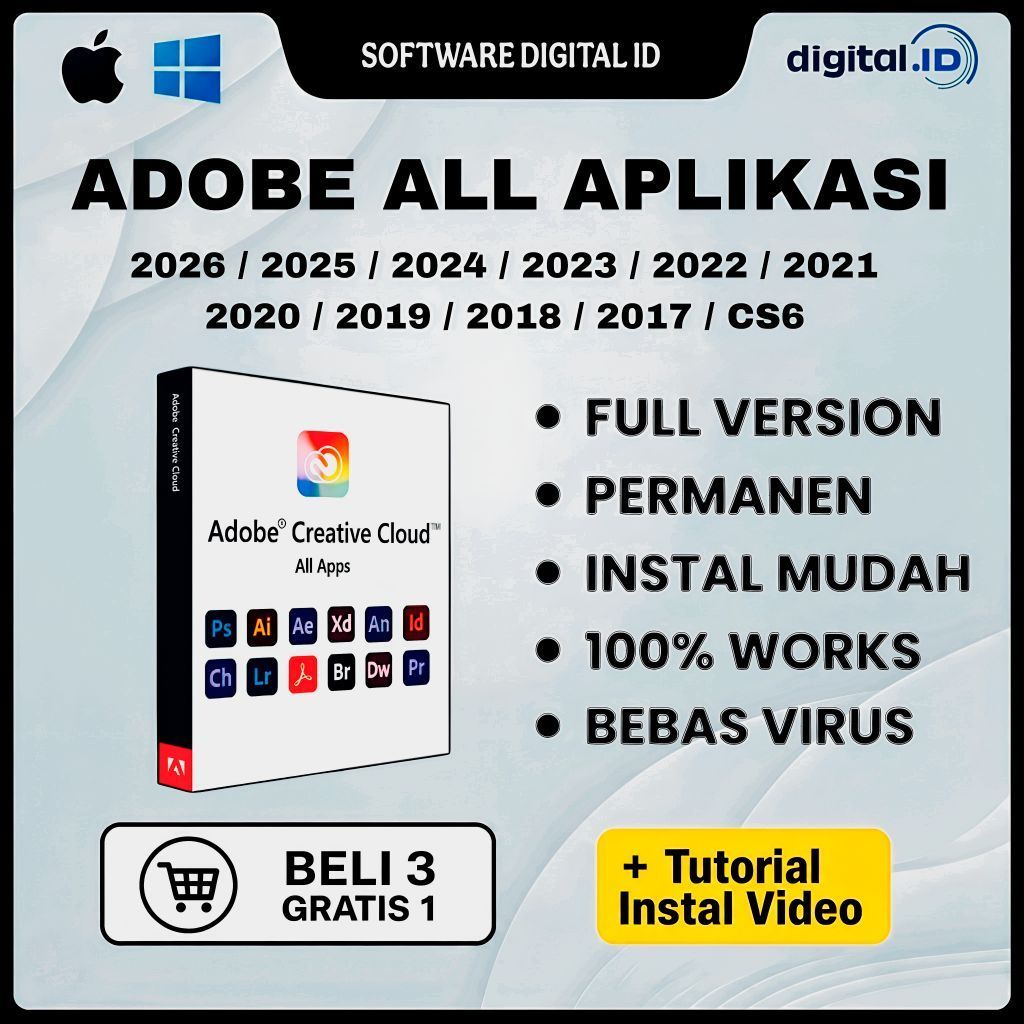 Adobe All Aplikasi ( Photoshop, Illustrator, InDesign, After Effect, Premiere Pro, Acrobat DC Pro, M
